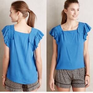 Anthropologie Blue Ruffle Sleeve Blouse